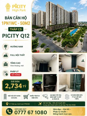 BÁN CĂN 1PN+ PICITY Q12 | 50M² | HƯỚNG NAM | ĐÃ CÓ SỔ HỒNG | FULL NỘI THẤT